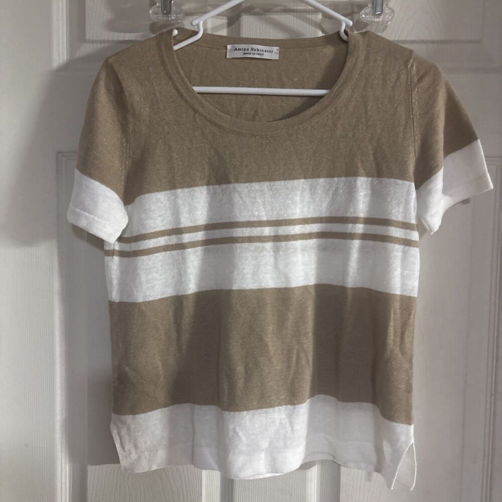 Amina Rubinacci Size 42 Knit Top Short Sleeves Tan White Stripe Linen Blend